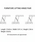 Diagram showing Heavy Duty Lifting Hinge Pair for Lift Top Storage Furniture, Black Cold Rolled Steel, with dimensions
