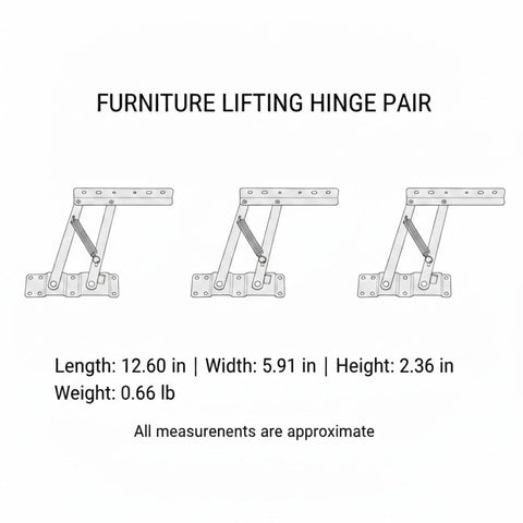 Diagram showing Heavy Duty Lifting Hinge Pair for Lift Top Storage Furniture, Black Cold Rolled Steel, with dimensions