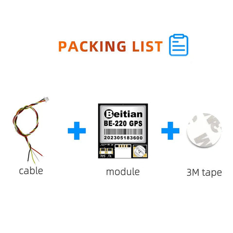 Packing list for BE-220 FPV GPS Module With Dual Protocol M10 GNSS, including cable, module, and 3M tape.