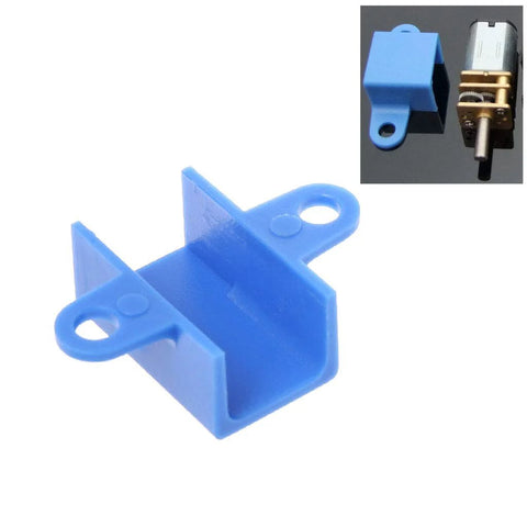 Front view of blue plastic mounting bracket with two screw holes for mounting a 12mm N20 micro gear motor.