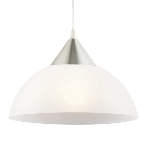 Dead Center Style Plug And Play Pendant With Brushed Steel Finish Frosted White Shade And A No Sweat 15 Foot Clear Cord With Inline Switch hanging from a ceiling.