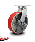 10 Inch Swivel Top Plate Caster Built Tough With Red Poly On Cast Iron Wheel And Side Lock Brake Heavy Duty Industrial Caster For Tough Jobs 3,000 Lbs Capacity