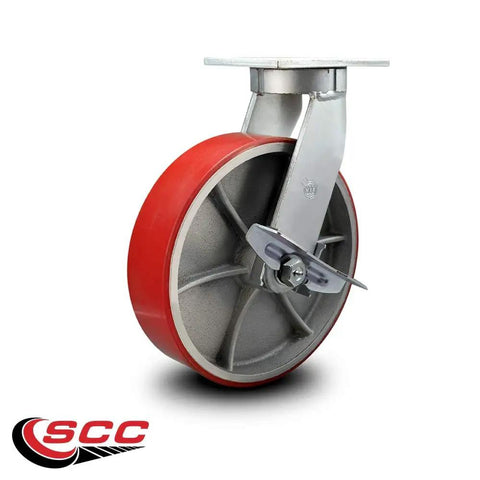 10 Inch Swivel Top Plate Caster Built Tough With Red Poly On Cast Iron Wheel And Side Lock Brake Heavy Duty Industrial Caster For Tough Jobs 3,000 Lbs Capacity