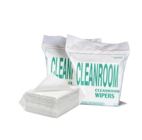 Top Shelf Pro Microfiber Cleanroom Wipers Slick Streak Free Dustless Cloth For Camera Optics Gadgets And Precision Equipment Lint Free Tight Sealed Pack in sealed packaging with wipes stacked.