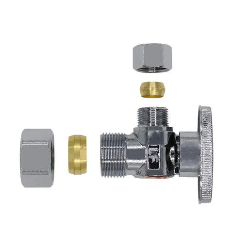 Brass Quarter Turn Angle Stop Valve Half Inch Nominal Inlet Five Eighths Inch OD Compression To Three Eighths Inch Compression Outlet