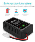 Smart 2-8S NiMH NiCd Battery Charger with Tamiya connector, featuring safety protection icons, compact design visible