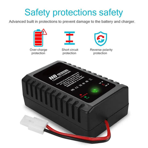 Smart 2-8S NiMH NiCd Battery Charger with Tamiya connector, featuring safety protection icons, compact design visible