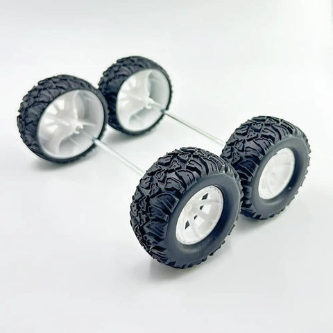 Four Pack 55mm Toy Car Wheel Set With 3mm Shaft Axles For RC Cars And DIY Model Builds Durable Rubber Tires And Plastic Cores