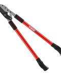 Red anvil lopper with compound action for 30 inch tree trimming, cuts thick branches and dry wood with ease, ergonomic grips visible.