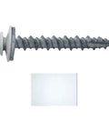 Close-up of 10 Pack One And A Half Inch Brite White Metal Roofing Screw with hex washer head and EPDM washer for metal roofs.