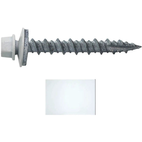 Close-up of 10 Pack One And A Half Inch Brite White Metal Roofing Screw with hex washer head and EPDM washer for metal roofs.