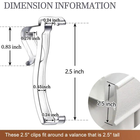 Two Point Five Inch Valance Clips For Horizontal Blinds Offering Plug And Play Mounting With No Sweat Setup While Delivering Bulletproof Grip For Flawless Window Decor with dimensions for clarity.