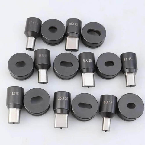 Assorted oval hole punch dies for CH-70 hydraulic punching machine, various sizes including 7.5x15mm, ideal for precise metal fabrication.