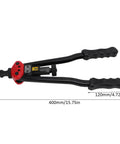 16 Inch Universal Hand Blind Riveter And Rivet Nut Setter Kit With 10 Mandrels And 110 Nuts Pro Grade Metal Tool Ergonomic Anti Slip Handle For Heavy Duty Rustproof Construction And Quick Mandrel Change, 16-inch hand riveter with dimensions shown