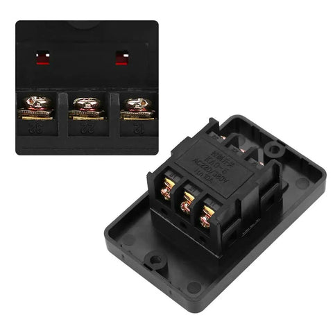Close-up of Drill Press Push Button Switch AC 220V 380V On Off Start Stop Motor Control 10A with screw wiring terminals.
