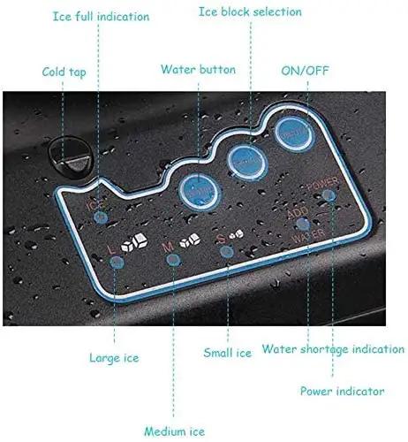 Control panel of Straight Up Countertop Ice Maker Churning Out Fifty Five Pounds Daily, showing ice selection and power indicators.
