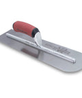 Rounded Front Finishing Trowel With Dual Edge Design For Smooth Concrete, 16 x 4 Inch Steel Blade, red handle, side view