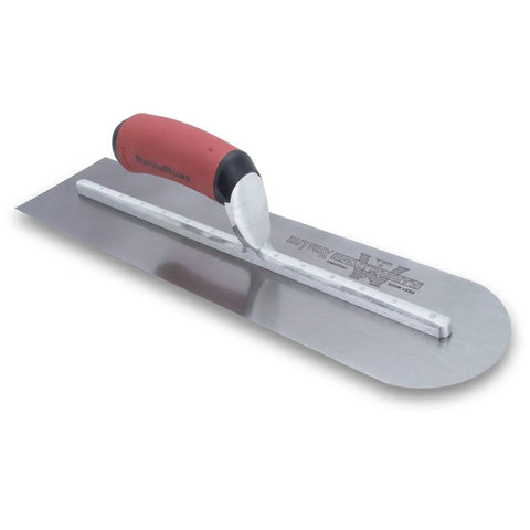 Rounded Front Finishing Trowel With Dual Edge Design For Smooth Concrete, 16 x 4 Inch Steel Blade, red handle, side view