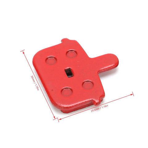 Close-up of a 4 Pairs Resin Semi Metal Brake Pads Replacement For Electric Vehicles And Mountain Bikes, red, with dimensions shown.
