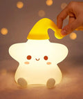 Cute Stars Night Light For Baby Nursery, Color Changing Silicone Star Lamp with Yellow Hat, Rechargeable Kids Room Decor