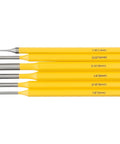 Woodworking Drive Punch Kit With Six Sizes Of Cone And Center Punches Rust Resistant Steel arranged flat