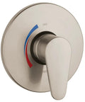 Modern Commercial One Handle Pressure Balance Shower Valve Trim In Brushed Nickel with control lever and temp markings