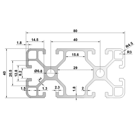 4080 Aluminum Extrusion 1500mm Long T Slot Rail Silver Color Heavy Duty Industrial Grade Builder Profile For CNC Machines Robotics And DIY Projects For Makers Lightweight Yet Strong Easy To Cut And Assemble. cross-section drawing with 40x80 mm dimensions