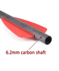 Close-up of 7.5 Inch Carbon Crossbow Bolt with 2 Inch Red Vanes and 6.2mm carbon shaft for 50Lb crossbows.