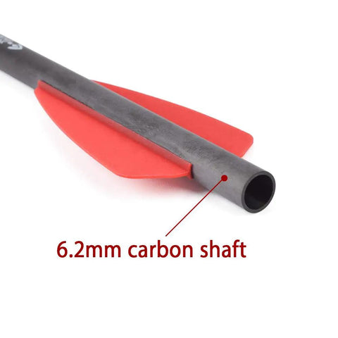 Close-up of 7.5 Inch Carbon Crossbow Bolt with 2 Inch Red Vanes and 6.2mm carbon shaft for 50Lb crossbows.
