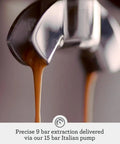 Close-up of espresso shot pouring from Barista Pro Espresso Machine With Built In Grinder And 4 Keys Formula Delivers Cafe Quality Espresso At Home In Under One Minute Built For Speed Consistency And Control In A Sleek Brushed Stainless Steel Finish.