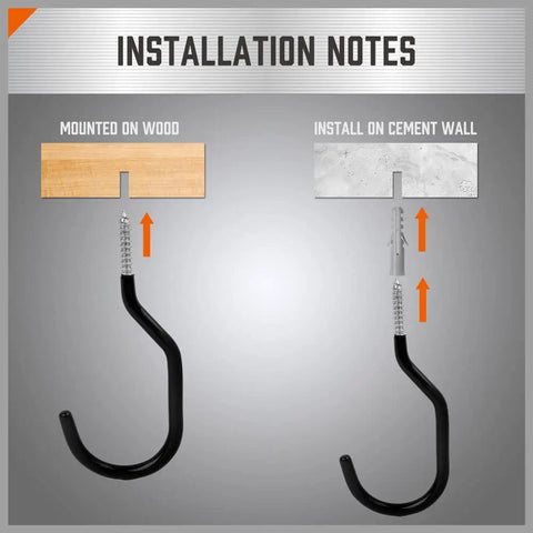 Installation guide for Tough As Nails Heavy Duty Garage Storage Hooks 6 Pack 6 Inch Wall Mount Utility Hooks For Tools Ladders Bikes Hoses And Cords Steel Organizer For Workshop Shed And Garage showing wood and cement wall mounting methods.