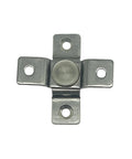 Shock absorber hinge mounting bracket, stainless steel cross-shaped with four arms and screw holes.