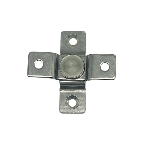Shock absorber hinge mounting bracket, stainless steel cross-shaped with four arms and screw holes.
