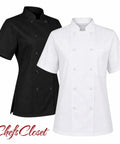 Womens Short Sleeve Double Breasted Black Chef Coat Featuring Ten Pearl Buttons And Tailored Kitchen Fit showcased alongside a white version.