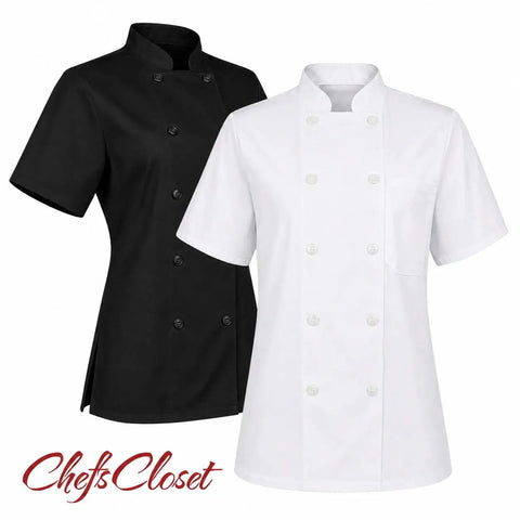 Womens Short Sleeve Double Breasted Black Chef Coat Featuring Ten Pearl Buttons And Tailored Kitchen Fit showcased alongside a white version.