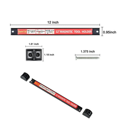 Image of 12-inch magnetic tool holder bar set with mounting brackets and screws dimensions, for 4 Pack Magnetic Tool Holder Bars 12 Inch Heavy Duty Wall Rack With Mounting Brackets And Screws, Each Bar Holds About 20 Lbs, Hook Up Wrenches Screwdrivers Spanners And Grips, Keep Your Workbench On Point And Organized.