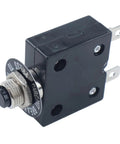 Top Shelf 30Amp 1 Pole Thermal Circuit Breaker With Push Reset Switch For 250V AC And 50V DC Industrial Panels That Are Dang Good At Neutralizing Power Issues Zero Drama Ever, showing side view with push button.