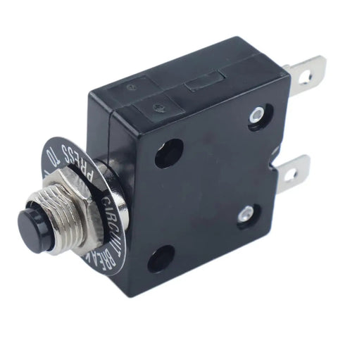 Top Shelf 30Amp 1 Pole Thermal Circuit Breaker With Push Reset Switch For 250V AC And 50V DC Industrial Panels That Are Dang Good At Neutralizing Power Issues Zero Drama Ever, showing side view with push button.