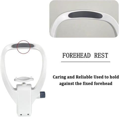 Adjustable forehead rest for eye exams, white plastic, reliable support for stable positioning; Upgrade Your Eye Exam Game With This Adjustable Chin Rest And Forehead Bracket For Optometry Professionals Providing Stable Head Support And Precise Positioning Every Single Time Without The Hassle.