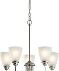 Jolie 18.5 Inch Five Light Chandelier With Satin Etched Glass In Brushed Nickel, ideal lighting for kitchen or dining table.