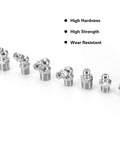 Zerk Grease Nipple Kit 45Pcs Heavy Duty Metal Fittings M6 M8 M10 Variety Pack for mechanical lubrication on white background.