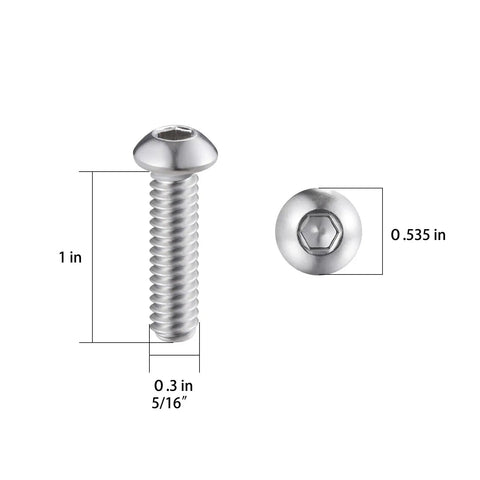 30 Piece Set Of 5/16 Inch By 1 Inch Button Head Socket Cap Screws In Top Grade 304 Stainless Steel with hex drive and dimensions shown.