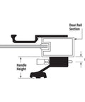 Technical diagram of Diecast Mill Finish Sliding Patio Door Surface Mount Handle With Anti Lift Hook Latch for older style doors.