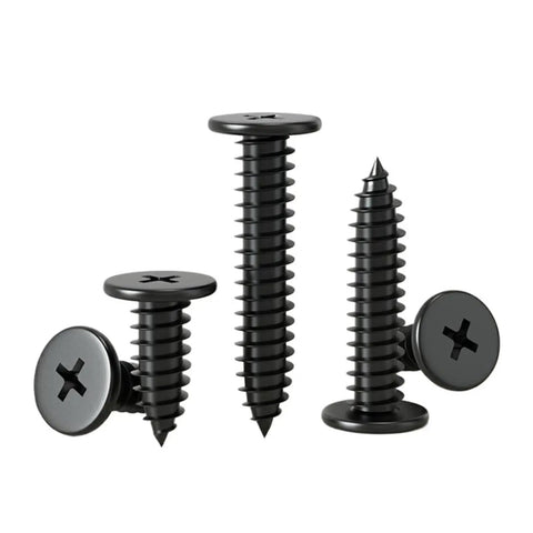 Real Deal Black 304 Stainless Steel Self Tapping Wood Screws Featuring Smooth Phillips Flat Wafer Heads That Sit Flush Ultra Thin Construction Ensures Zero Snags Slick For Electrical DIY Jobs Pack Is Badass 50 Piece Assorted Set Of M1 2 To M4 Sizes image showing assorted black screws of different sizes and flat heads.