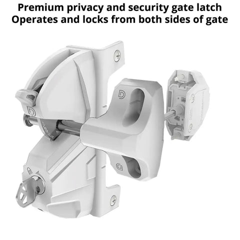 Deluxe Rekeyable Gate Latch Delivers Secure Double Sided Locking For Privacy Fences No Sweat Quick Install White Weatherproof Finish durable key-operated latch.