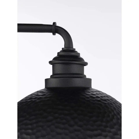 Close-up of Englewood Collection 1 Light Farmhouse Outdoor Post Lantern in textured black with hammered steel and pipe arm.