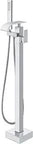 Freestanding Tub Filler With Polished Chrome Finish Waterfall Bathtub Faucet Floor Mount Single Handle Brass Tub Faucet With Handheld Shower And Swivel Spout Pro Grade Solid Brass Construction, side view, on white background