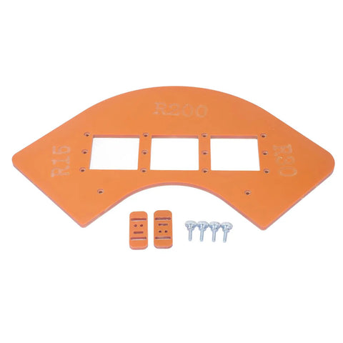 Top Shelf Router Corner Radius Template For Woodworking Jig R15 R30 R100 R200 with screws and guide blocks on a white background.
