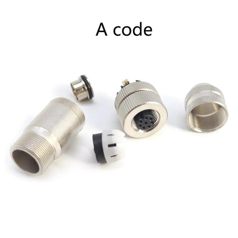 Close-up of M12 8 Pin Female Connector Pro Grade A Coding Shielded Metal Shell Circular Sensor Field Assembly components