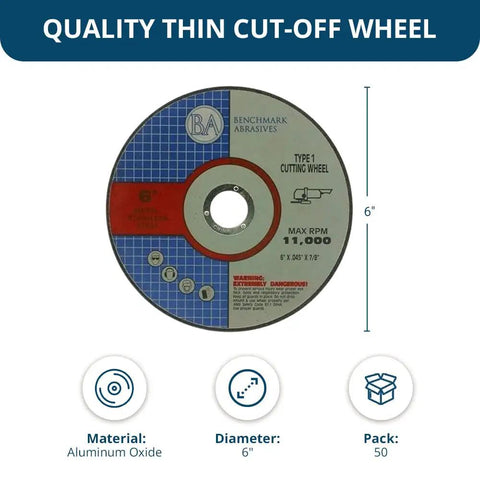 6 Inch Aluminum Oxide Cut Off Wheels For Metal And Steel, Self Sharpening Type 1 Thin Grinding Discs,.045 Inch Thick, Seven Eighths Inch Arbor, For Angle Grinder, Ideal For Metal Fabrication, Shipbuilding, Rail, 50 Pack